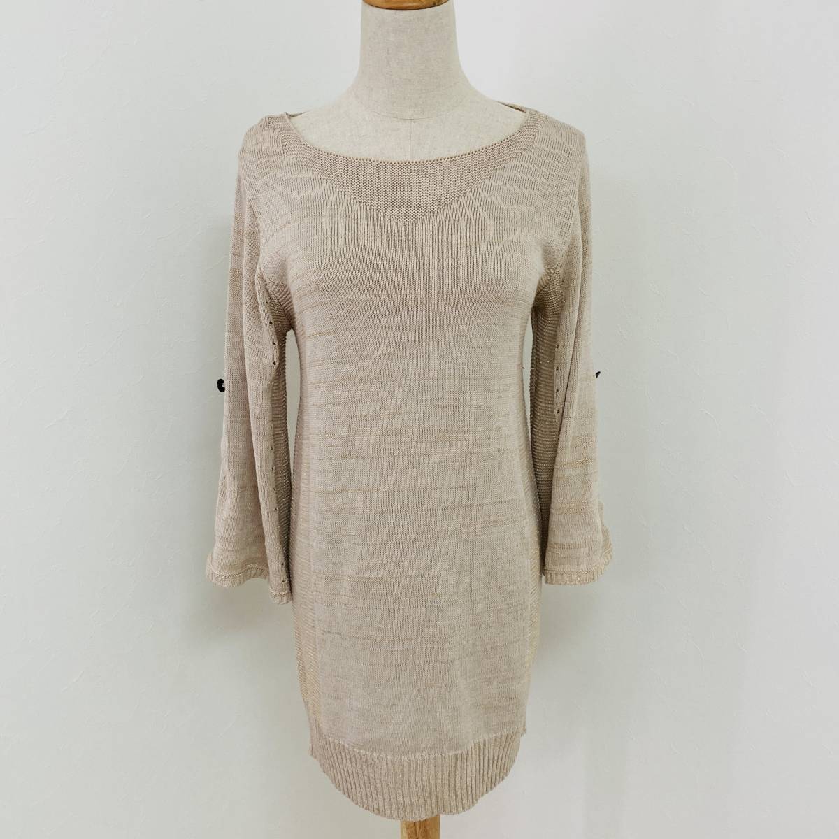 a02714 美品 Rich mode レディース ニット チュニック 長袖 袖調整可 ラメ 薄手 韓国製 光沢 ベージュ 上品 ベーシックカジュアルスタイル拍卖