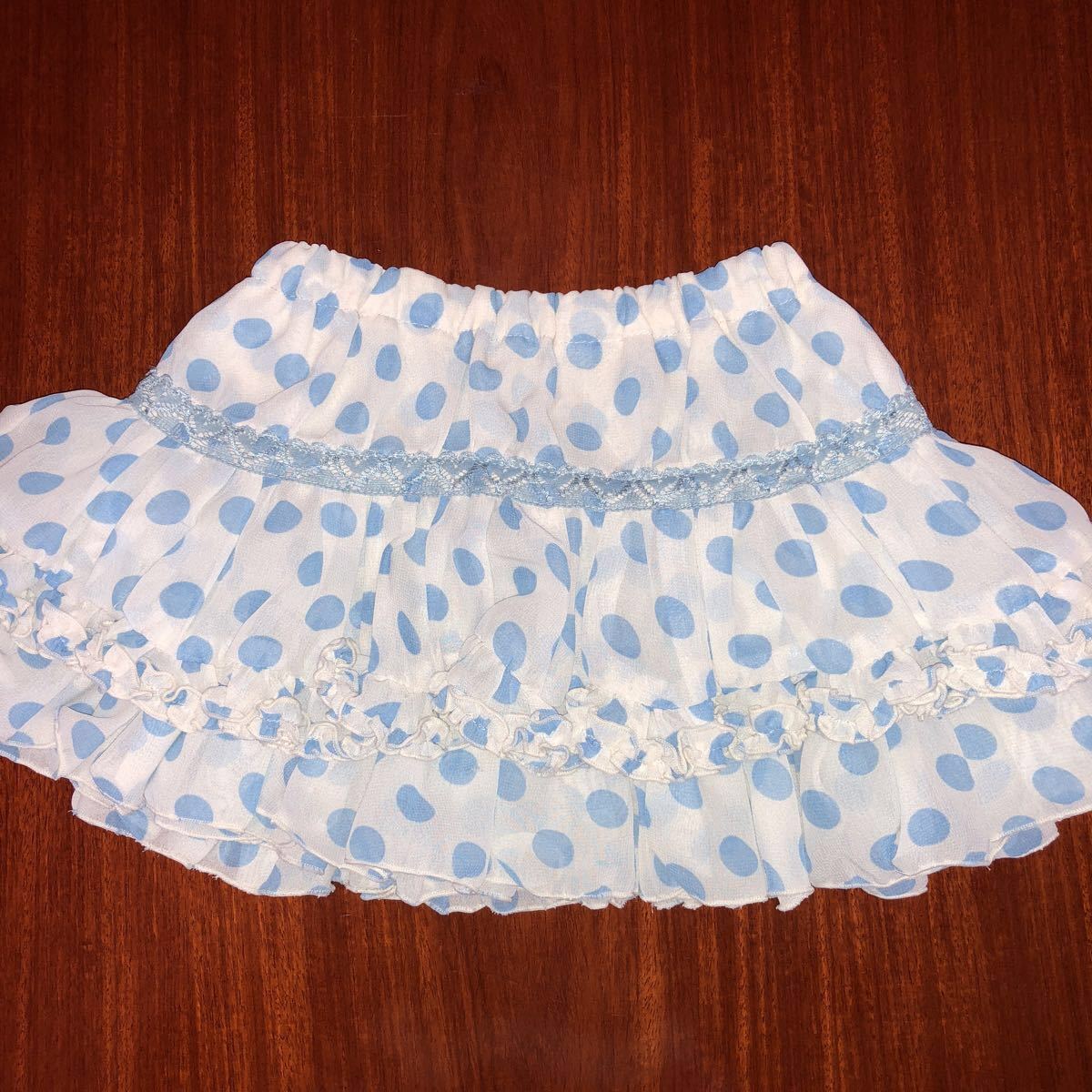 ブーフーウー ブーホームズ BOOHOMES サイズXS 80~90㎝ シフォンスカート フリル 水玉 アイボリー×水色 中古拍卖