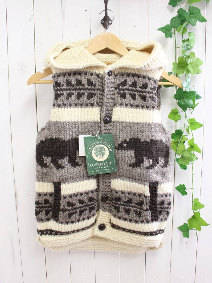 新品◆CANADIAN SWEATER カナディアンセーター◆カウチンセーター ノルディック柄 フード付き ニットベスト 34 定価48,000円*拍卖