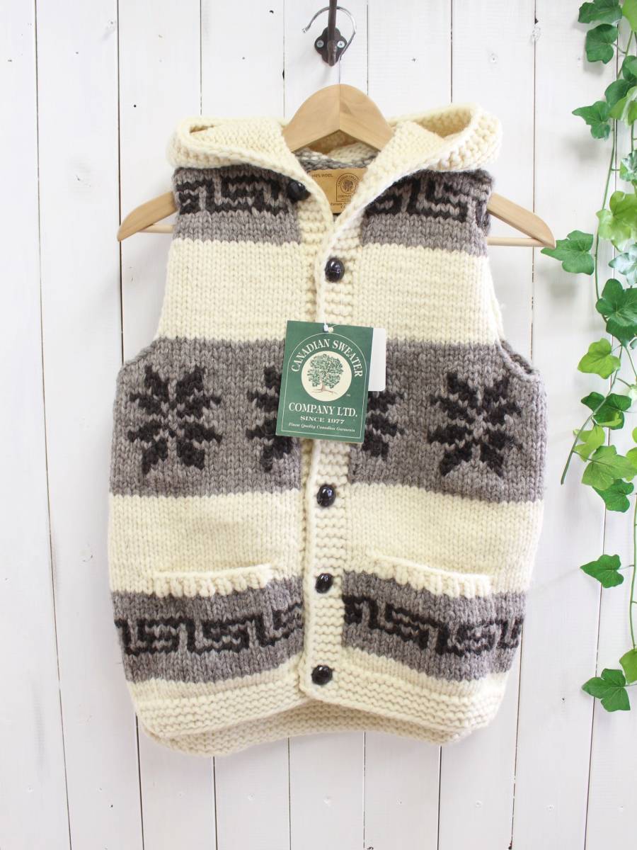 新品◆CANADIAN SWEATER カナディアンセーター◆カウチンセーター 雪柄 フード付き ニットベスト 34 定価48,000円*拍卖