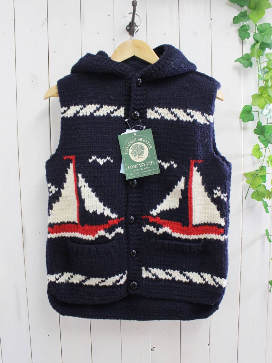新品◆CANADIAN SWEATER カナディアンセーター◆カウチンセーター マリン ヨット柄 フード付き ニットベスト 38 定価48,000円拍卖