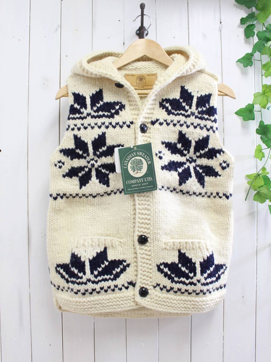 新品◆CANADIAN SWEATER カナディアンセーター◆カウチンセーター 雪柄 フード付き ニットベスト 32 定価48,000円*拍卖