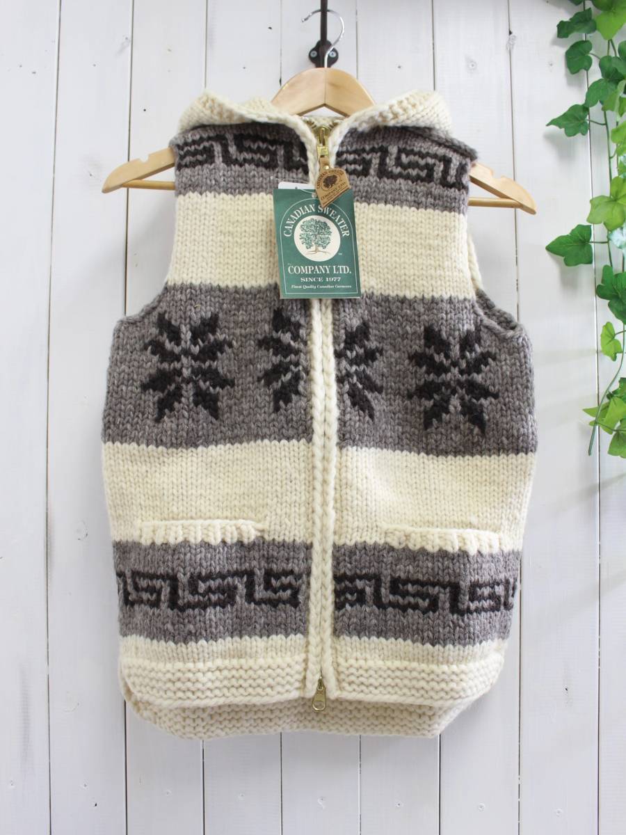 新品◆CANADIAN SWEATER カナディアンセーター◆カウチンセーター 雪柄 フード付き ニットベスト 32 定価48,000円拍卖