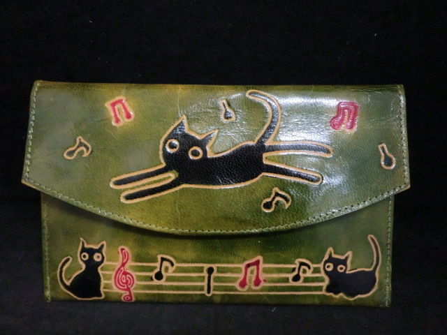 美品◎レザークラフト 猫・音符 札入れGenuine Leather☆h24拍卖