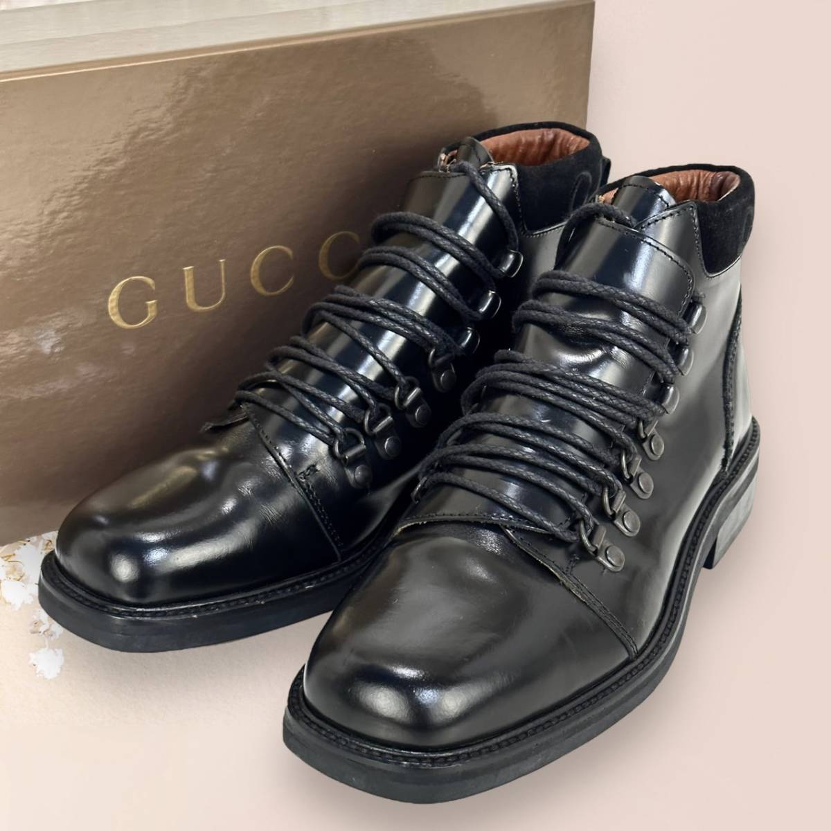 ☆美品☆Gucci トレッキングブーツ 35.5/22.5CM グッチ ダークブラウン 茶系 レザー 本革 ミドル レースアップ ロゴ 靴紐 アウトドア拍卖