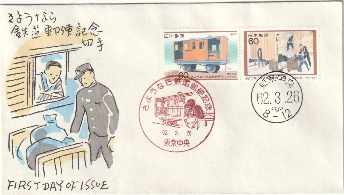 FDC 1987年  さよなら鉄道郵便切手  60円2貼2消し  松屋拍卖