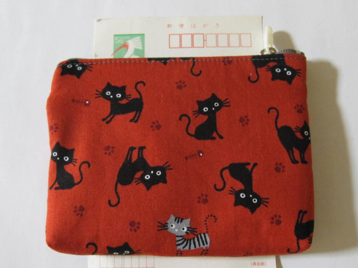 手作り 小物 ポーチ 赤 猫 足跡 魚骨 ねこ 黒猫&トラ猫 アニマル 動物 絵柄 模様 ハンドメイド 財布 充電器 男女 兼用 可愛い キュート 綿拍卖