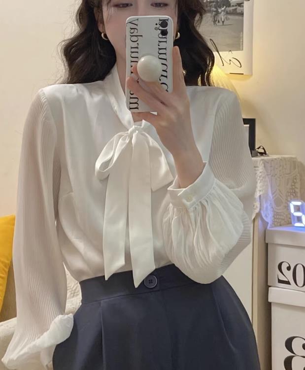 レディース ホワイト シフォンシャツ ブラウス エレガント 無地 リボン付き 長袖 春秋 通勤 k146拍卖