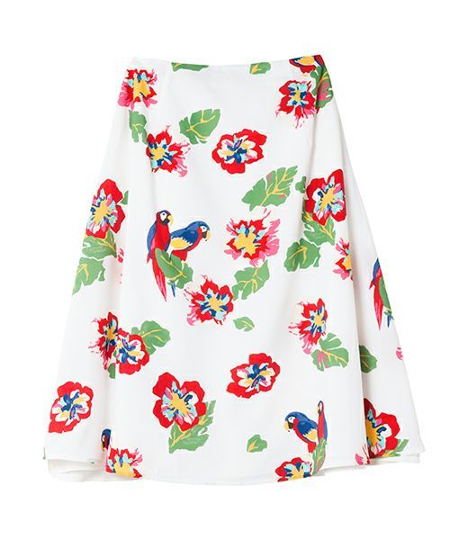 新品 定価16500円 LAYMEE レイミー マイリ― フラワー フレア スカート 南国 鳥 花柄 膝丈 総柄拍卖