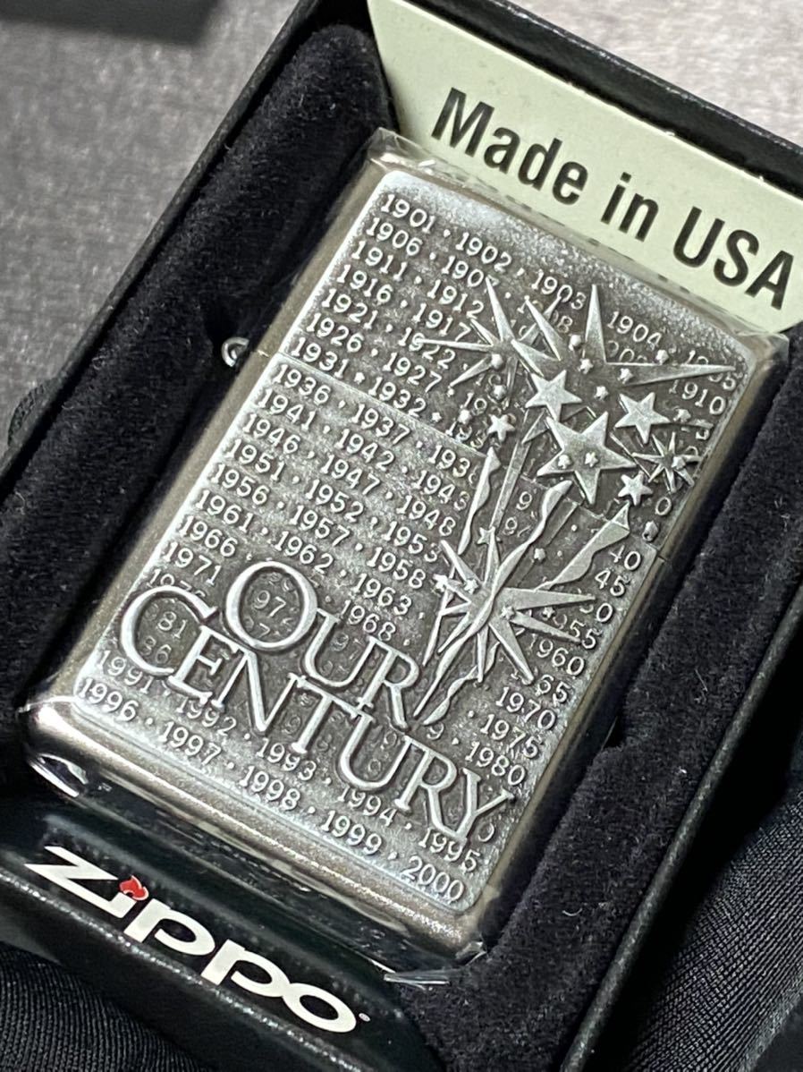 zippo OUR CENTURY 立体メタル 両面加工 希少モデル 2015年製 シルバーインナー 2015年製 ケース 保証書付き拍卖