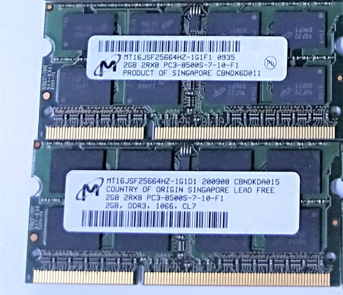 【中古パーツ】PC3 ノートパソコン用 DDR3 メモリ MICRON 2GB-2RX8 PC3-8500S-7-10-F1 2GBx2枚 計4GB (在庫10枚)送料無料■N(111)拍卖