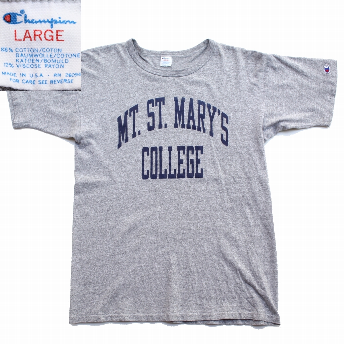 (87126)80s ChampionチャンピオンUSA製TシャツL ラバープリント ヴィンテージ オリジナル MadeinUSA トリコタグ 88/12 杢 紺 グレー拍卖