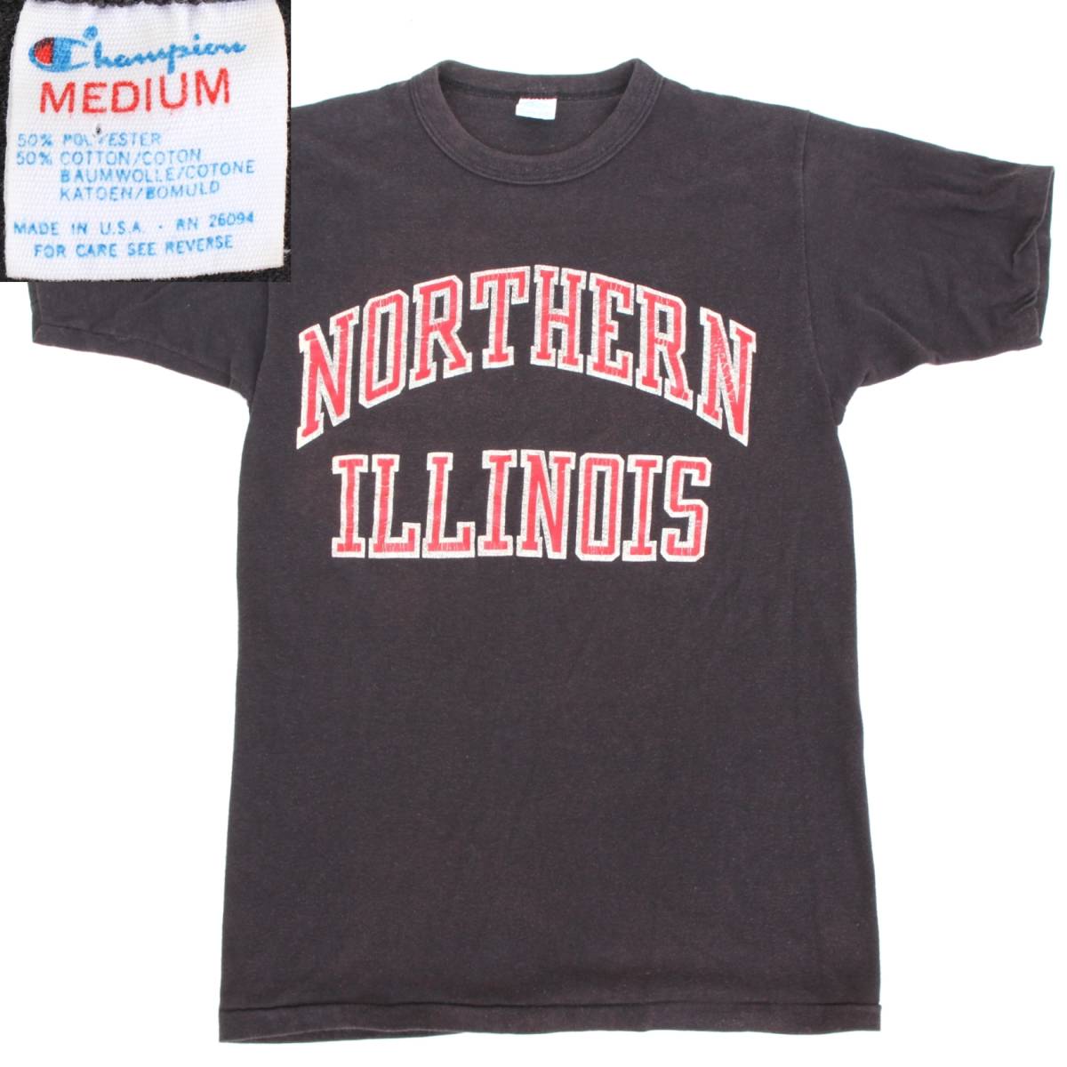 (32641)美品良品 80s vintage ChampionチャンピオンMADE IN USAプリントTシャツM (ヴィンテージ トリコタグ 80年代 黒 ブラック アメリカ)拍卖