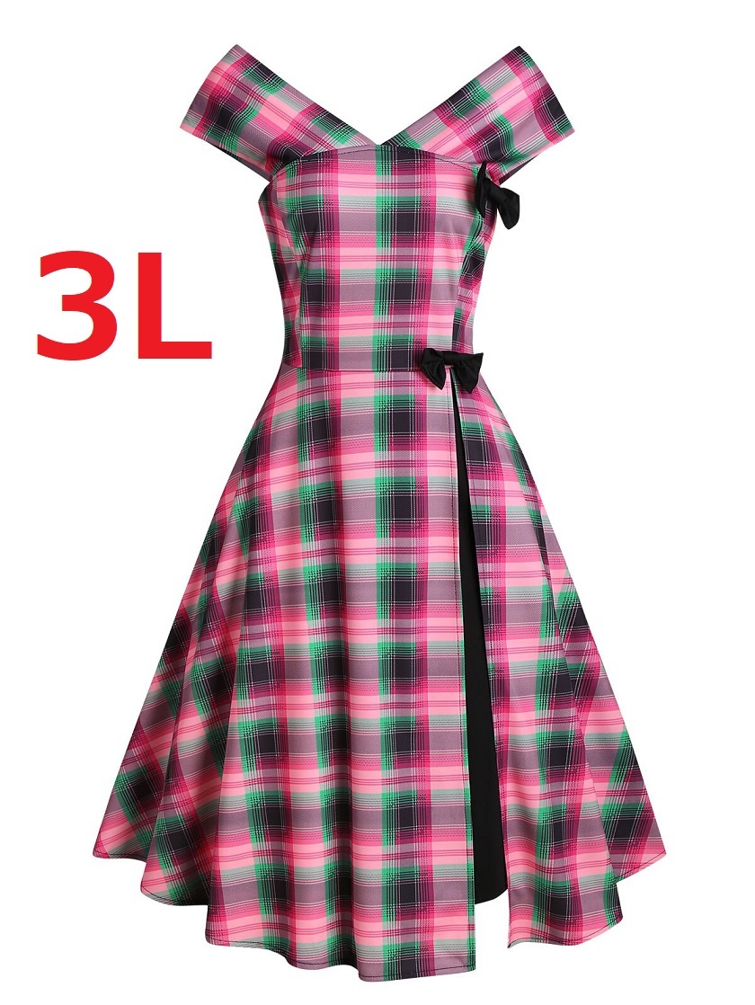 即納 新品 大きいサイズ3L オーロラチェックリボンドレスワンピース パーティ ゴスロリ イベント 結婚時 発表会 ディナーショー拍卖