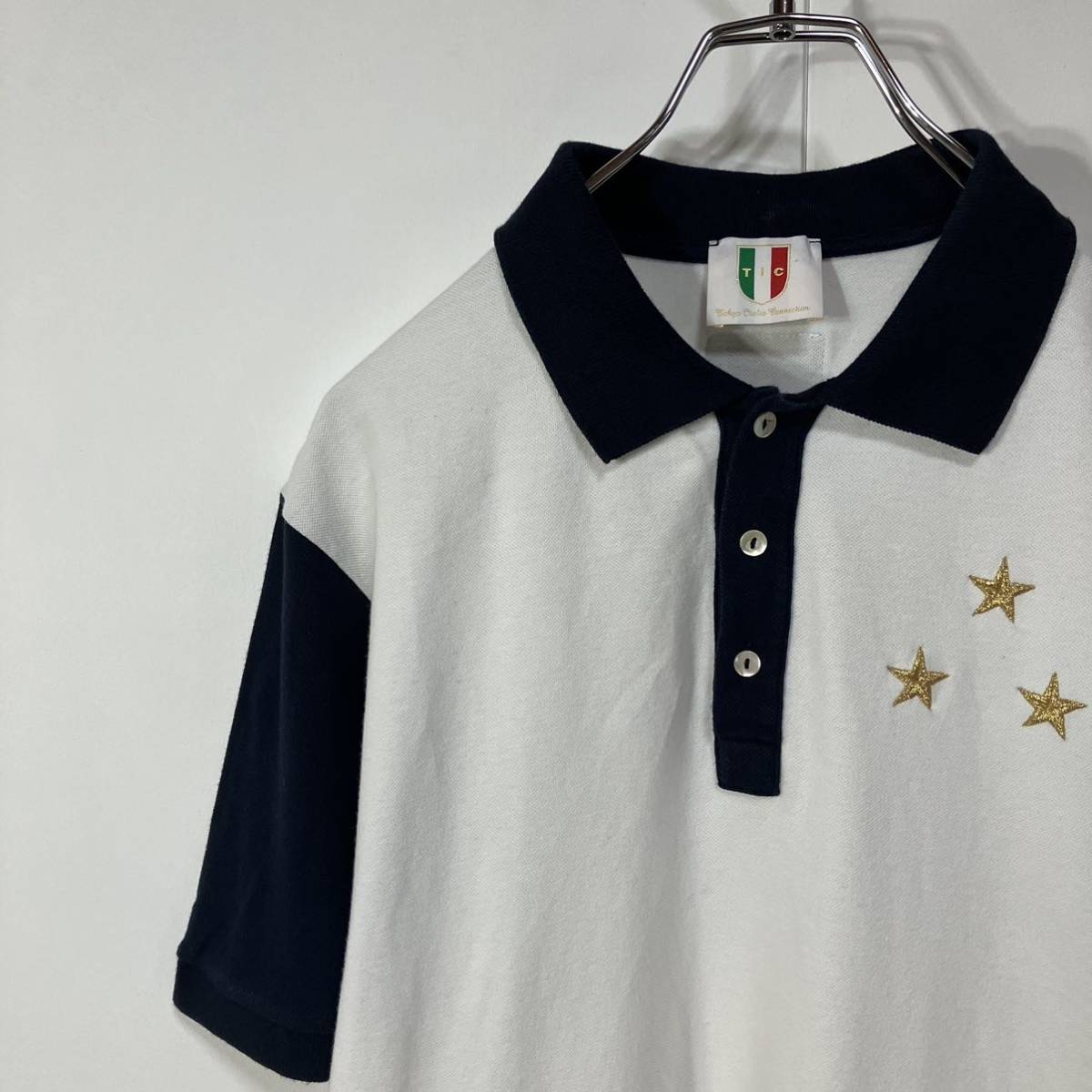 古着 刺繍 ワッペン 切替 デザイン 半袖 ラウンドカット 鹿の子 ポロシャツ ホワイト ネイビー 50拍卖