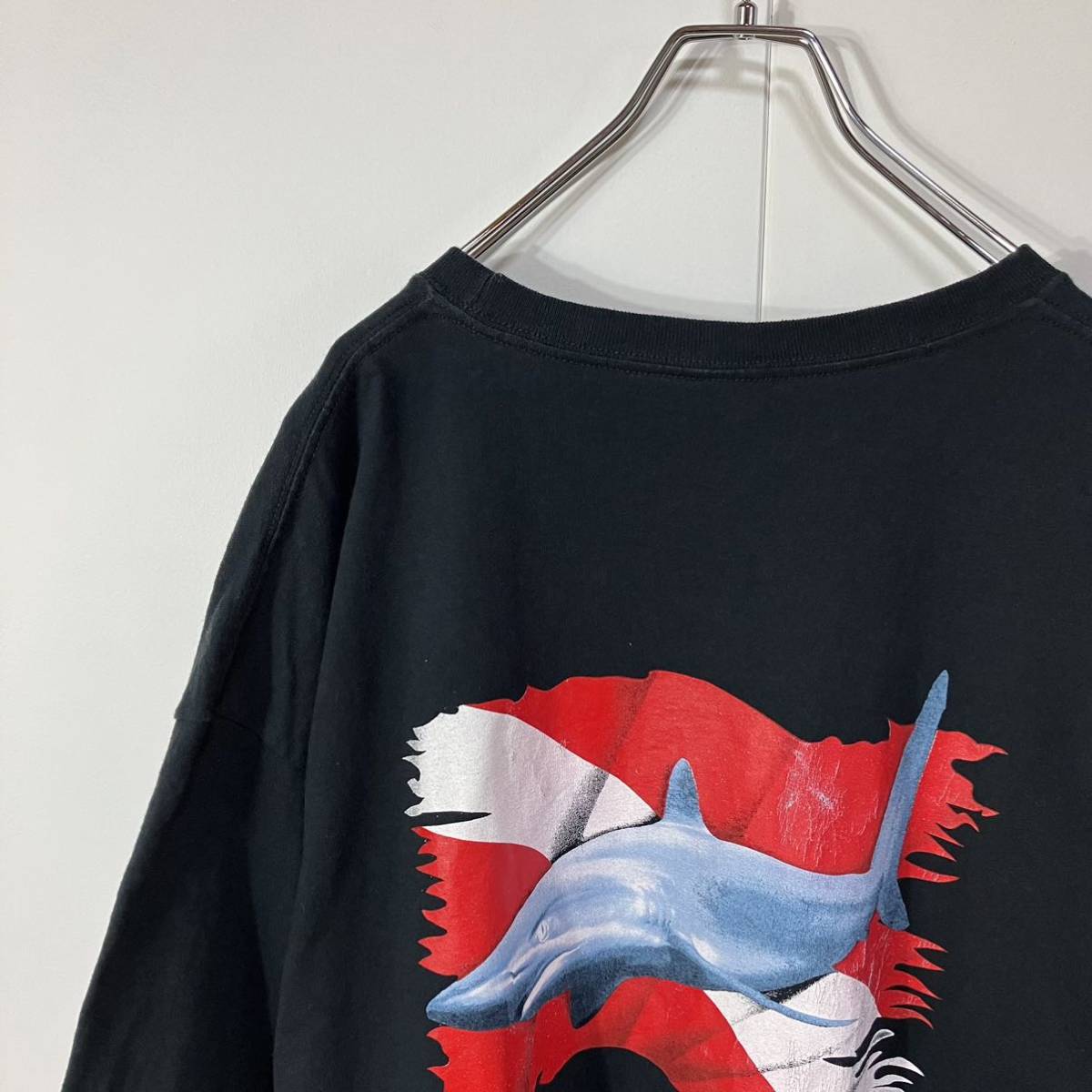 古着 サメ フリント デザイン オーバーサイズ 半袖 クルーネック 天竺 Tシャツ ブラック XXL拍卖