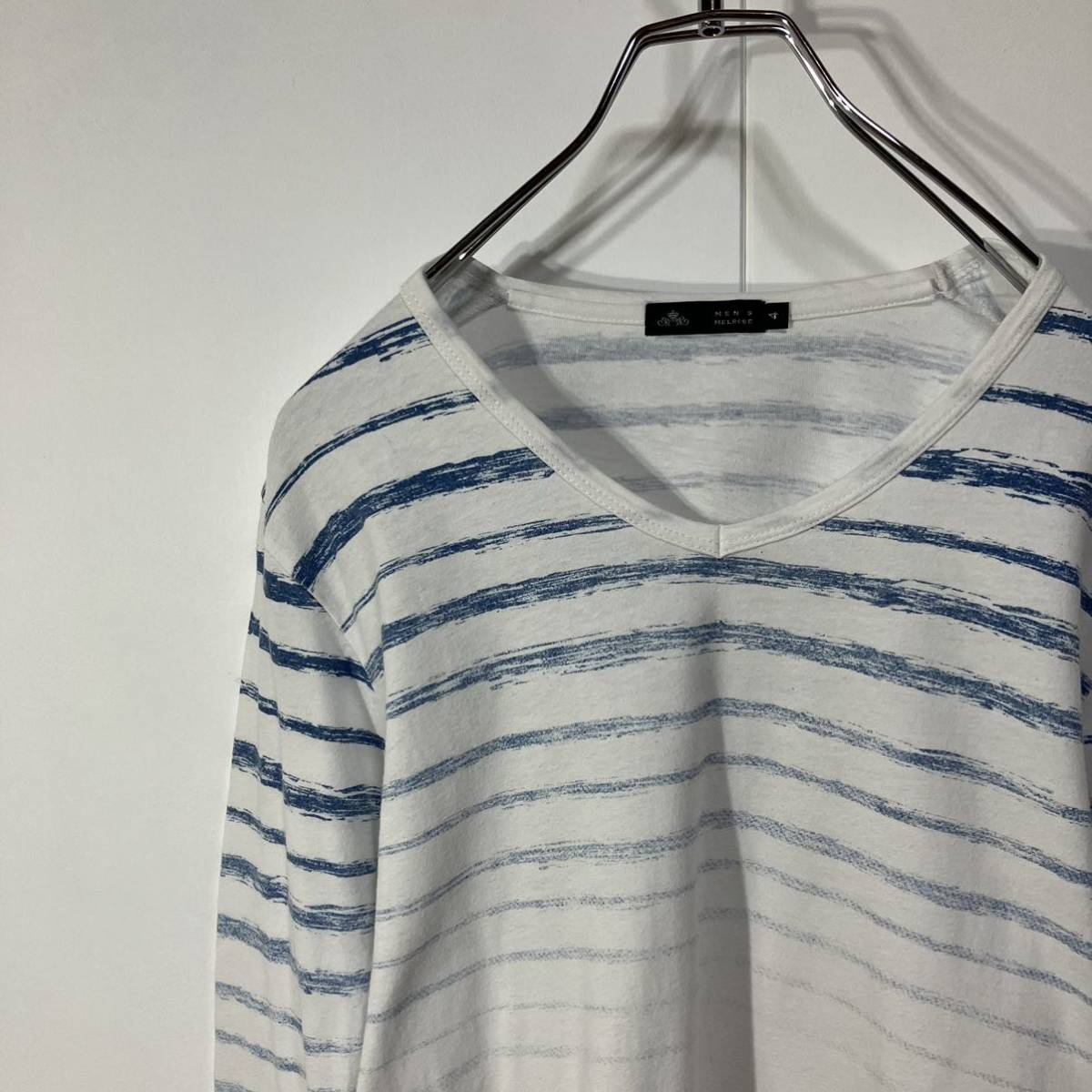 古着 グラデーション デザイン ボーダー 長袖 Vネック 天竺 ロング Tシャツ ホワイト ブルー系 4拍卖