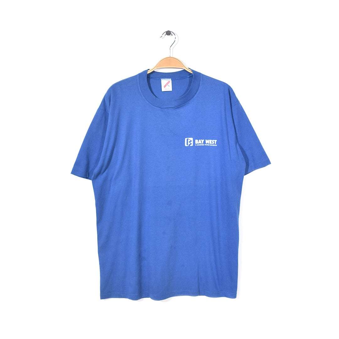 【送料無料】80s ジャージーズ USA製 ヴィンテージ Tシャツ 企業物 BAY WEST 青 袖シングル アメカジ JERZEES サイズXL 古着 @BZ0097拍卖