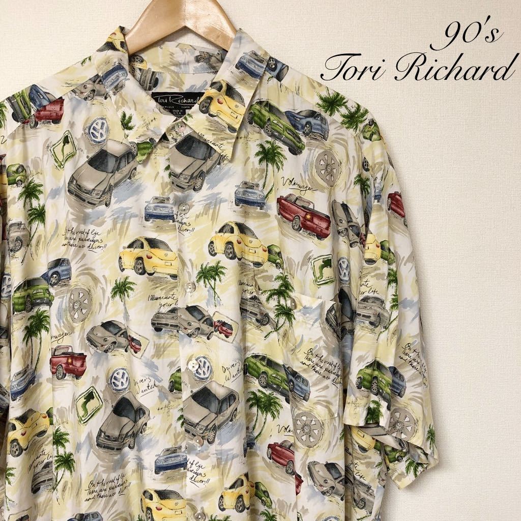 USA製 /90's /Tori Richard /トリリチャード メンズ2XL アロハシャツ 柄シャツ 車柄 パームツリー 涼感 柄合わせ アメカジ ビンテージ古着拍卖