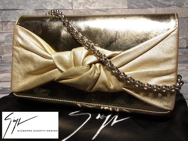 GIUSEPPE ZANOTTI ジュゼッペザノッティ レザー 2WAY チェーン ハンドル ハンドバッグ クラッチバッグ パーティーバッグ ゴールド 拍卖