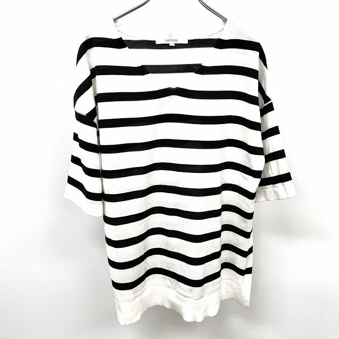 アンタイトル UNTITLED ニット プルオーバー 5分袖 ボーダー 薄手 Vネック 左裾にスリット 日本製 ポリ×綿 2 ブラック 黒×白 レディース拍卖