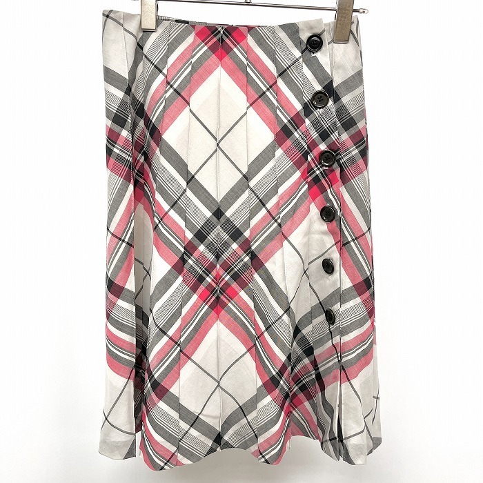 KUMIKYOKU 組曲 Aラインスカート チェック フロントボタン留め 毛×ポリ 1 (W59-63/H87-91) レッド 赤×黒×グレーベージュ レディース拍卖