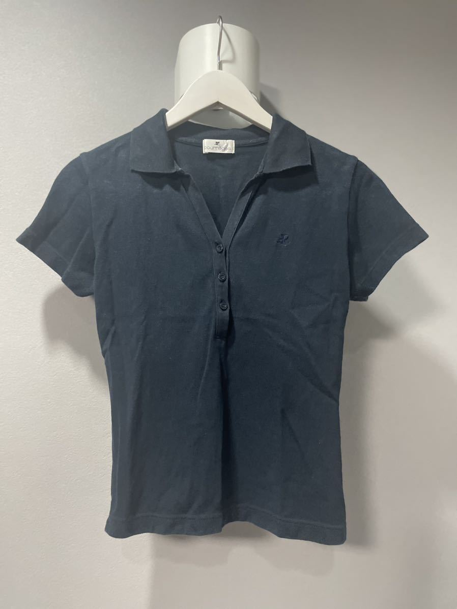 クレージュcourreges半袖ポロシャツ紺ロゴトップスレディース拍卖
