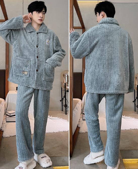 部屋着 メンズ パジャマ ルームウエア モコモコ 寝間着 前開き 上下セット 防寒 冬物 厚手 学生 X688拍卖