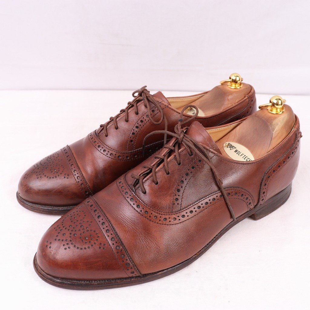イングランド製 コールハーン 9 1/2 D/B 27.0cm 位 パンチドキャップトゥ 内羽根 茶 レザーシューズ COLE HAAN 本革 メンズ 中古 ds3924拍卖