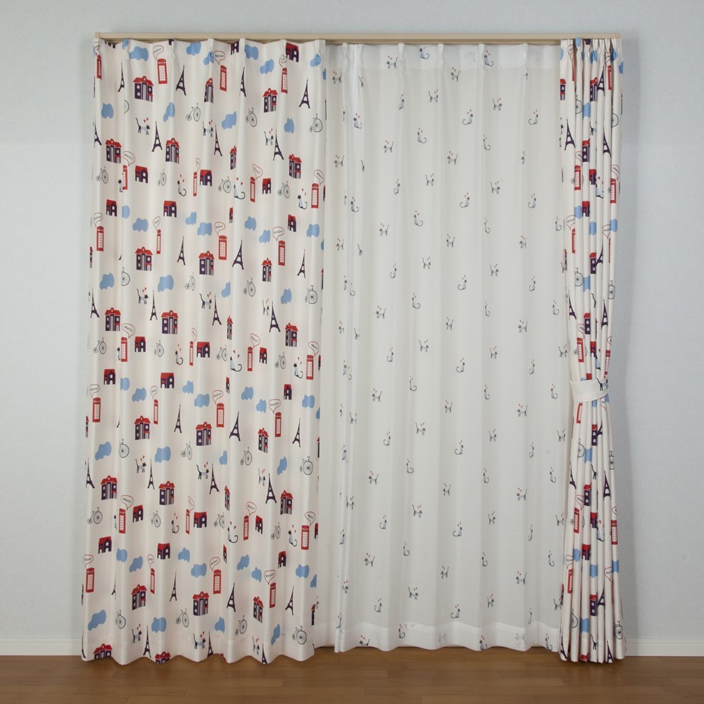 カーテン4枚セット かわいい 猫柄 ドレープ幅100cm×丈178cm2枚 レース幅100cm×丈176cm2枚 ニャンゼリーゼ MIX拍卖