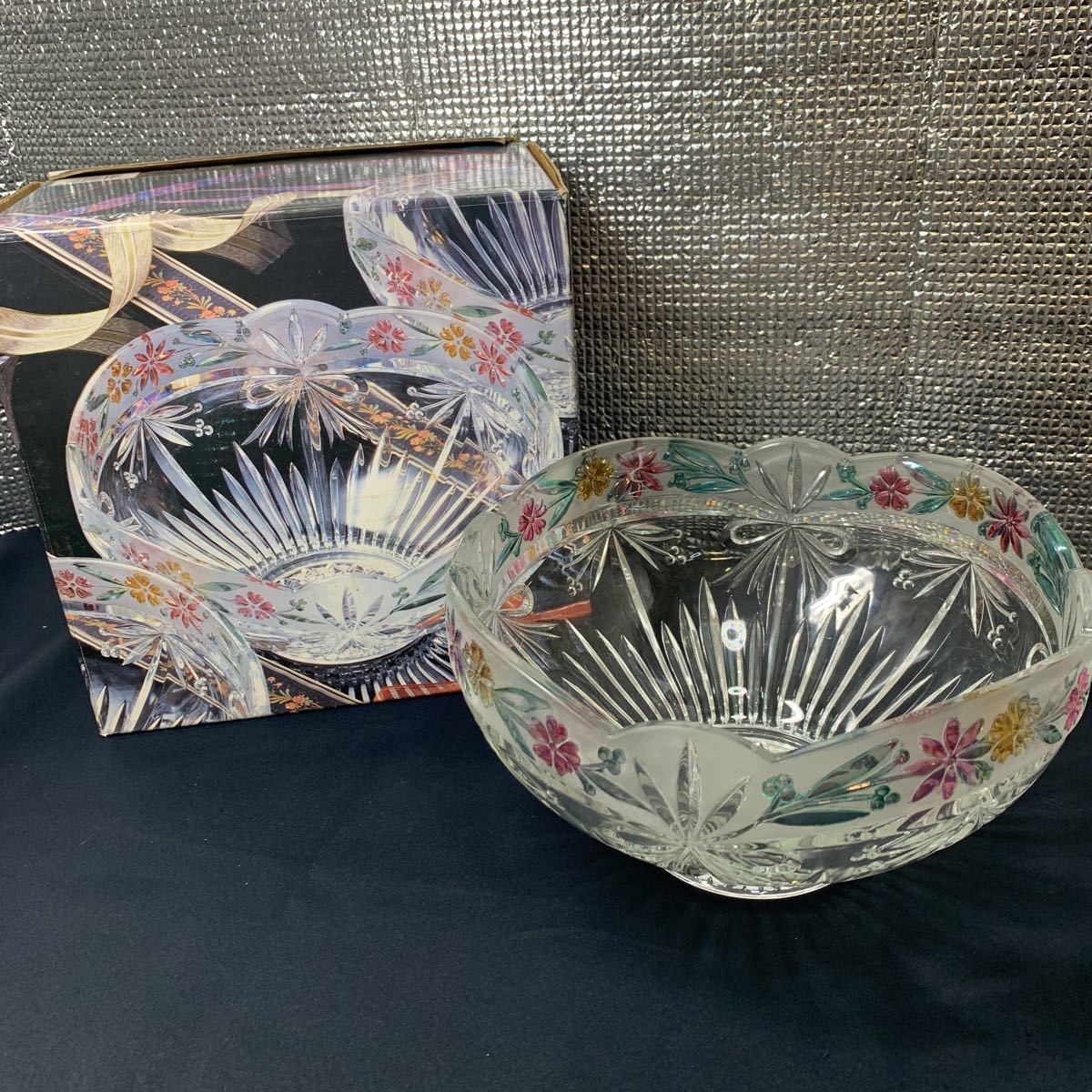 ★大阪堺市/引き取り可★SOGA 曽我ガラス ラージボウル9 花柄 ボール リボンフレア お菓子入れ 小物入れ ガラスボウル★拍卖
