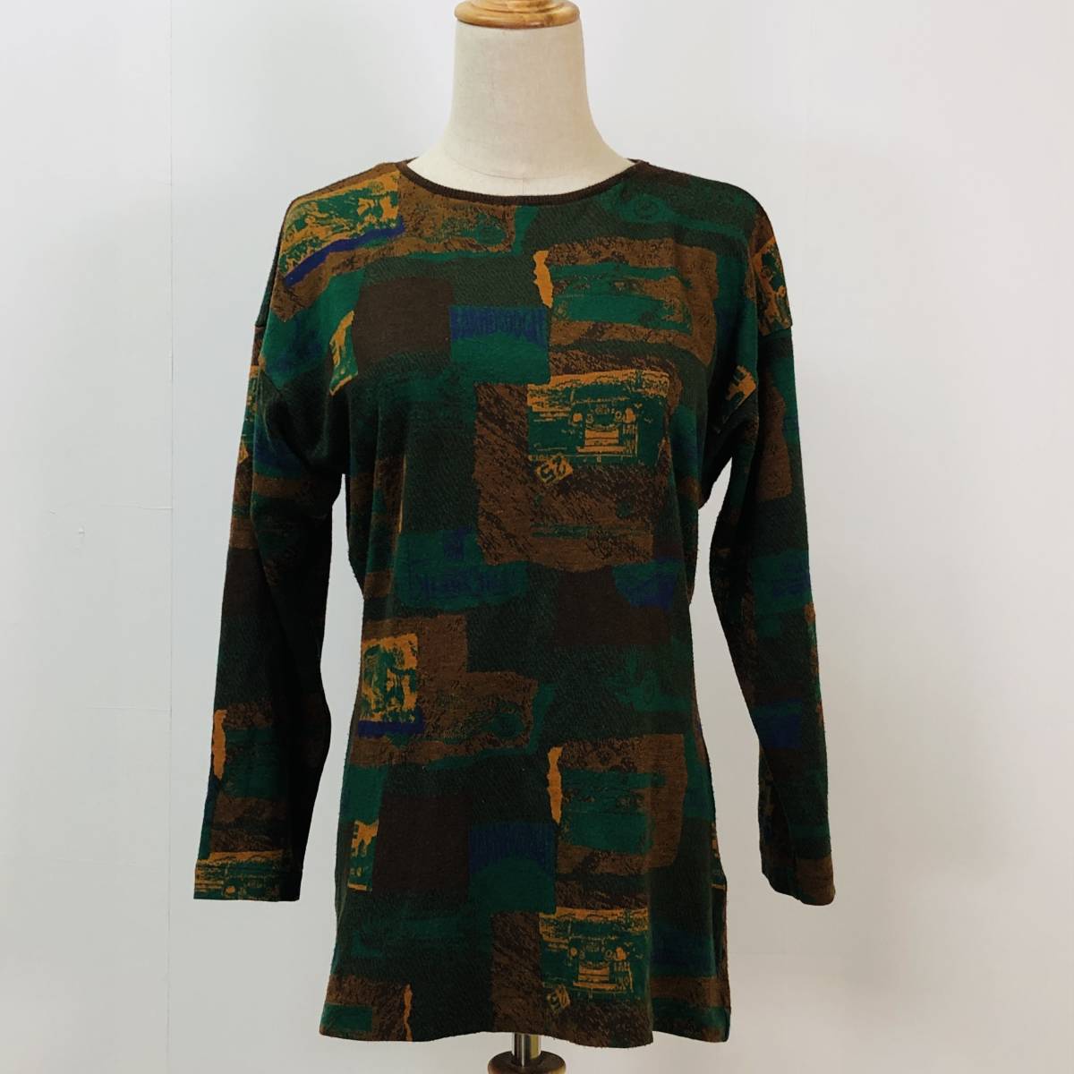 k0788 美品 mlcmac トップス 毛混 長袖 丸首 秋 冬 緑 ブラウン 総柄 昭和レトロ 高級感 おしゃれ エレガント レトロヴィンテージスタイル拍卖