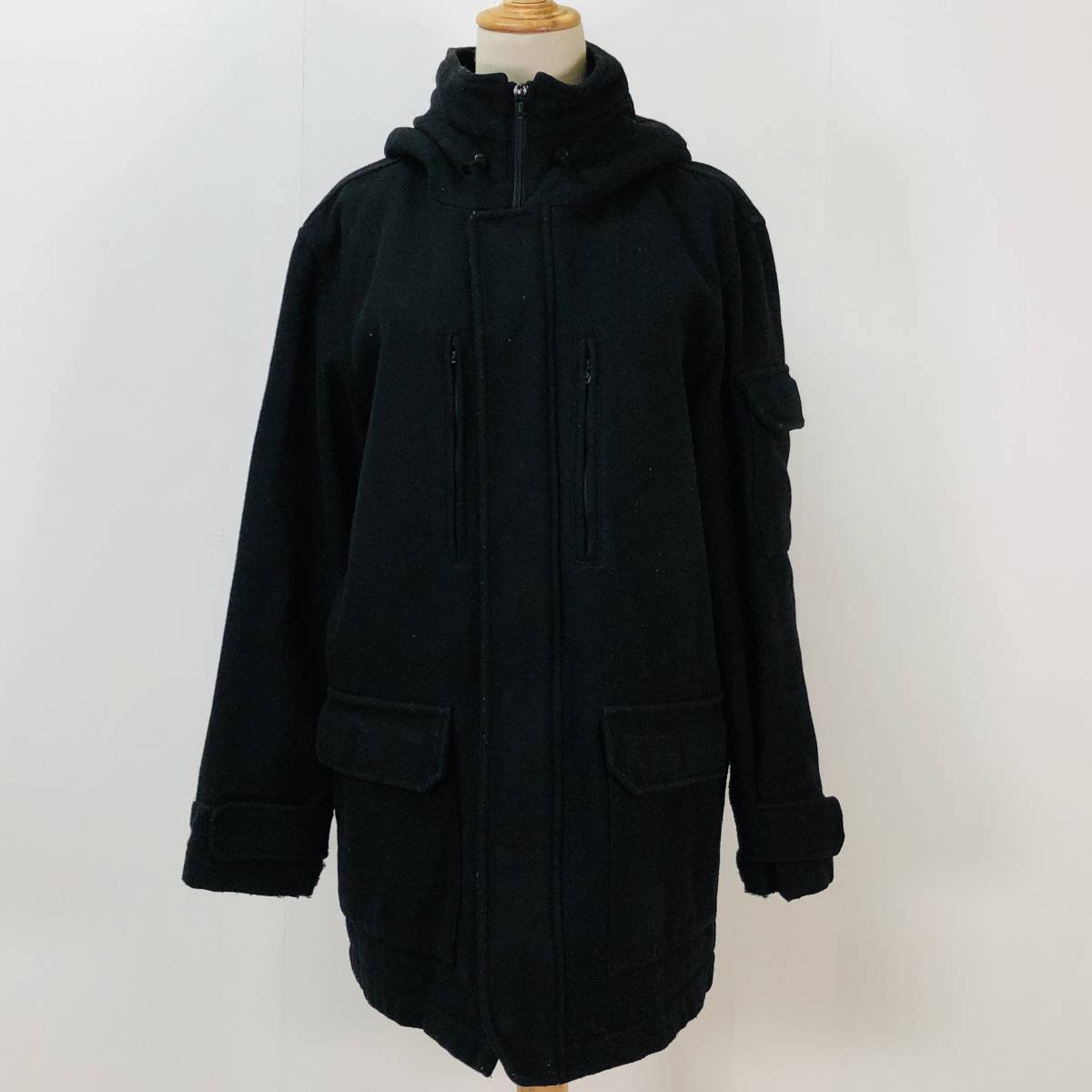 k0839 コート フード ウール混 綿混 厚手 日本製 フルジップ スナップボタン ポケット 秋 冬 M 黒 メンズ 万能 シンプルデイリーカジュアル拍卖