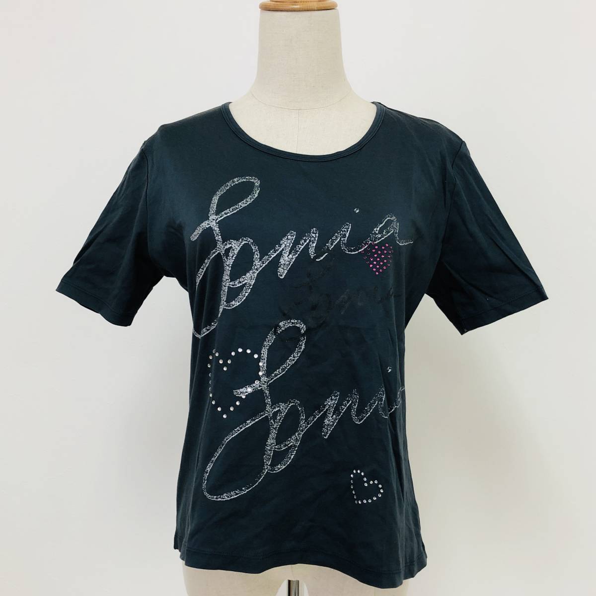 k0886 美品 SONIA RYKIEL ソニアリキエル Tシャツ 半袖 綿100% キラキラ 夏 サイズ46 深緑 レディース 可愛い シンプルデイリーカジュアル拍卖