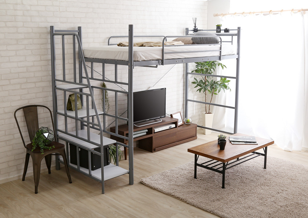 ロフトベッド パイプベッド ハイベッド 階段付き ロフトベット シルバー色拍卖