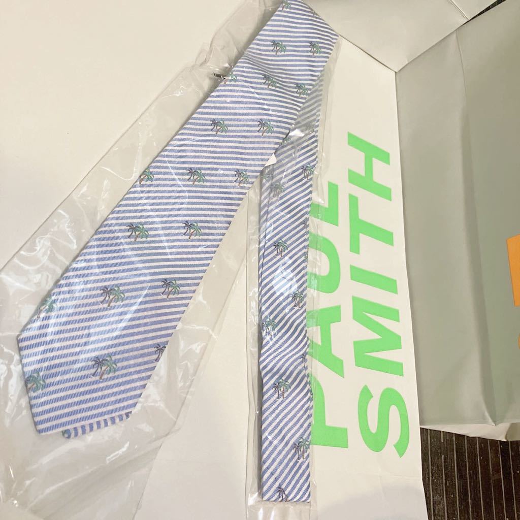●新品●送料込 価15400円 ポールスミス カジュアル ネクタイ 水色B ヤシの木 レジメンタルストライプ 剣幅6cm シルクコットン Paul Smith拍卖