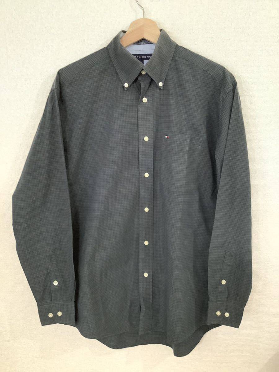 TOMMYHILFIGER トミーヒルフィガー 3点留め ボタンダウンシャツ 長袖シャツ チェック柄 ダークグリーン 古着 メンズ拍卖