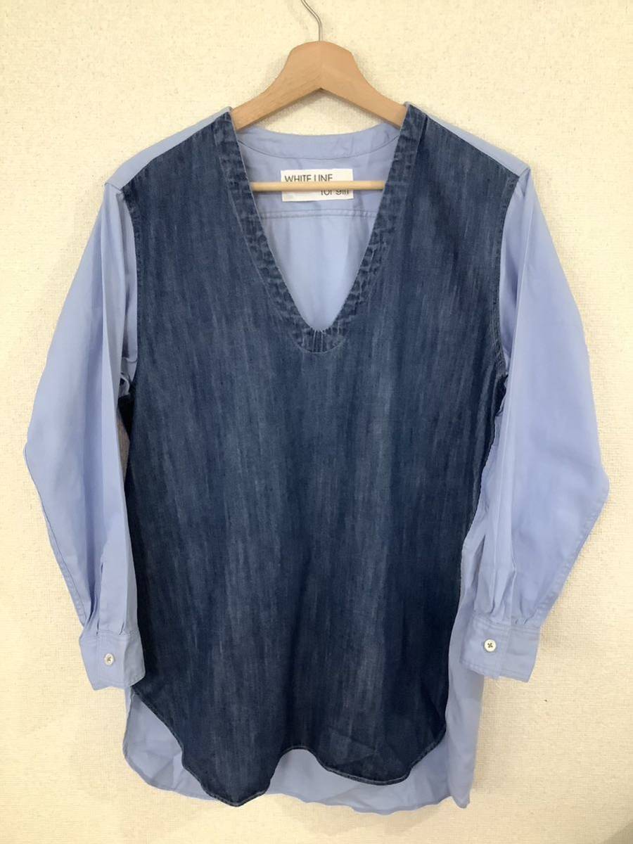 WHITE LINE for girl ホワイトライン フォーガール プルオーバーシャツ デニム切り替え Vネック レディース 古着拍卖