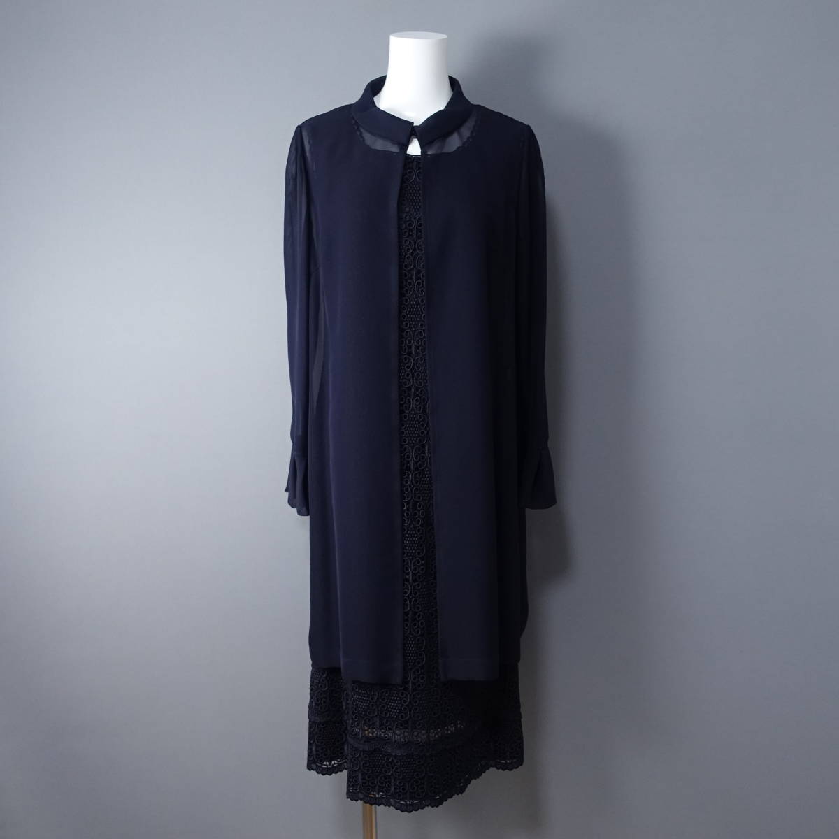 美品*Leilian/レリアン/9/日本製/ノースリーブ/シースルーアンサンブル/ダークネイビー/シースルー/ワンピース/ブラウス拍卖