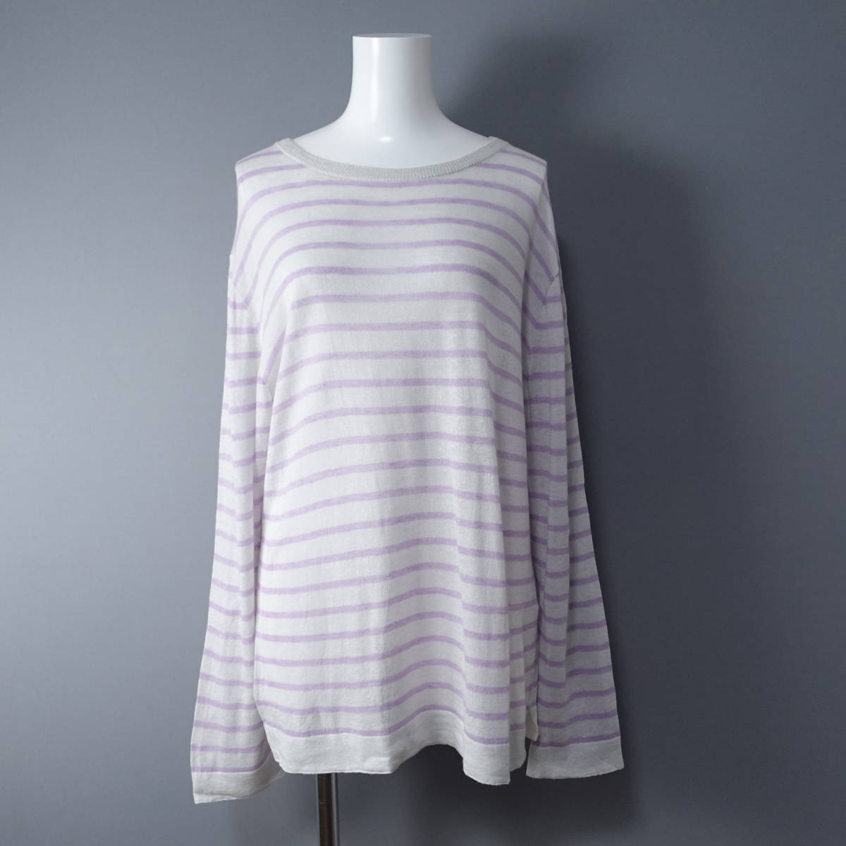 AN SPINNEN/スピネン/38/定価36,300円/日本製/ウール/リネン/ボーダーセーター/ライトグレー×パープル/Boat neck Border Sweater拍卖