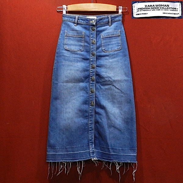 ZARA WOMAN ザラ プレミアム ユーズド加工 ストレッチ 前開き 前ボタン フロントボタン カットオフ デニム ロング スカート 紺 XS / 24拍卖