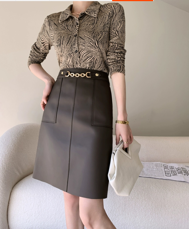 レディースラムレザースカートダークブラウン台形スカートXL拍卖