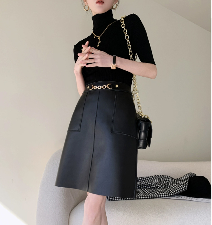 レディースラムレザースカート黒色台形スカートL拍卖