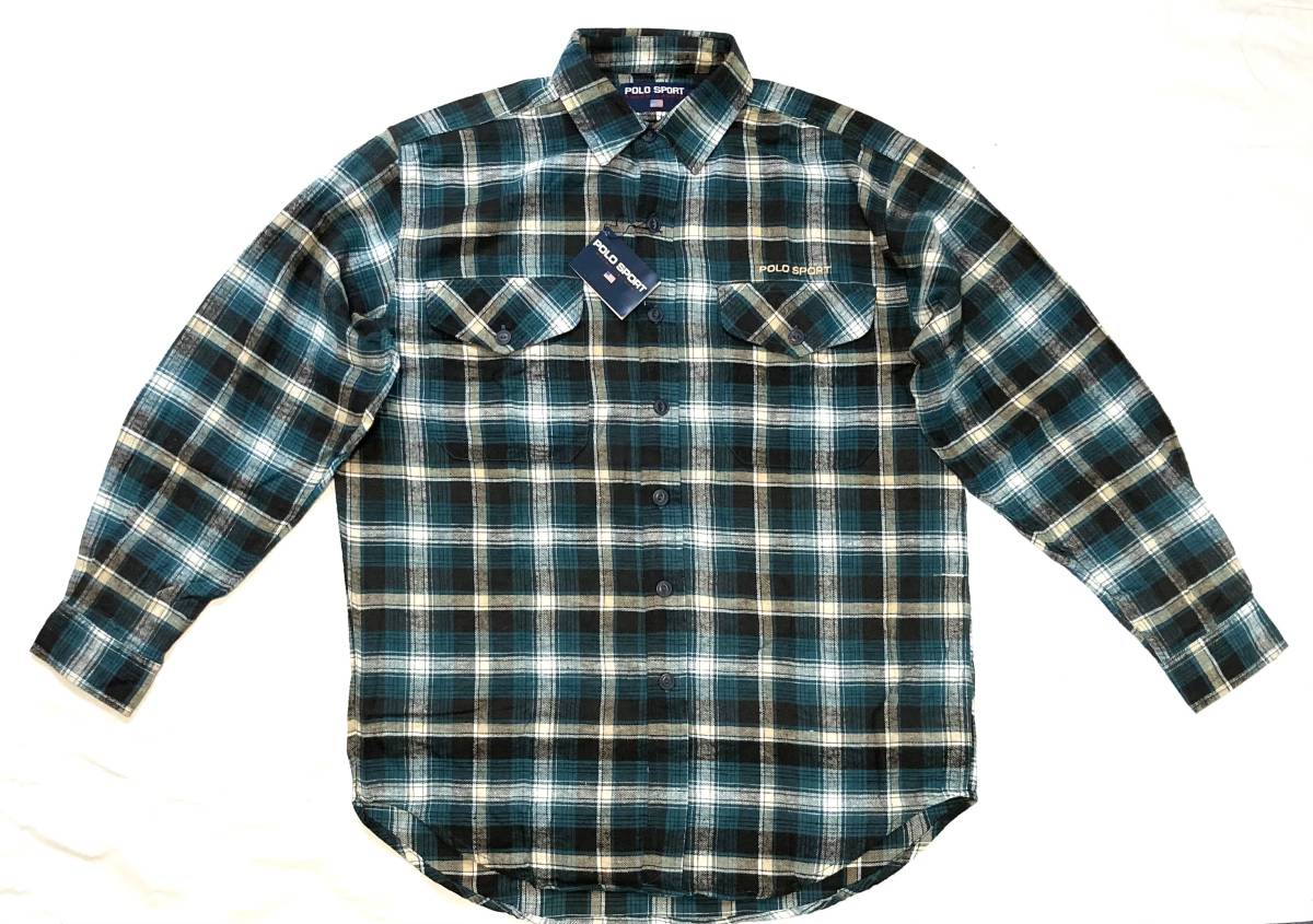 デッド 90s POLO SPORT ポロスポーツ フランネルシャツ L ラルフローレン RALPH LAUREN ネルシャツ 猫目ボタン拍卖