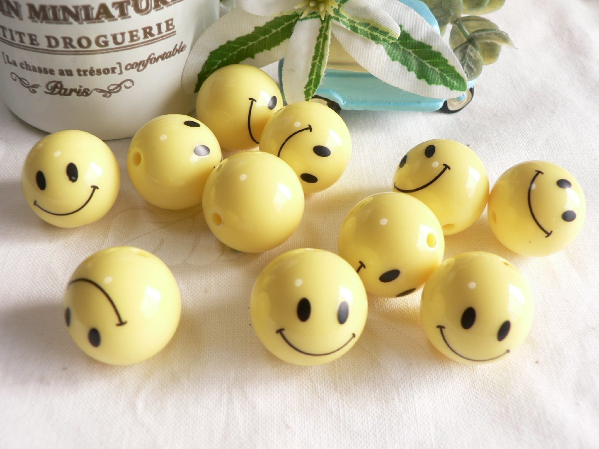 ビーズ スマイル 黄色 球体 10個 13.5mm スマイリー ニコちゃん #3693拍卖