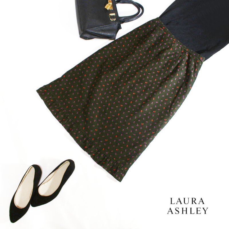 美品 ローラアシュレイ Laura Ashley ■ 秋 冬 フラワー 小花柄 ミモレ丈 裾フリル タイトスカート コーデュロイスカート コーデュロイ 7号拍卖