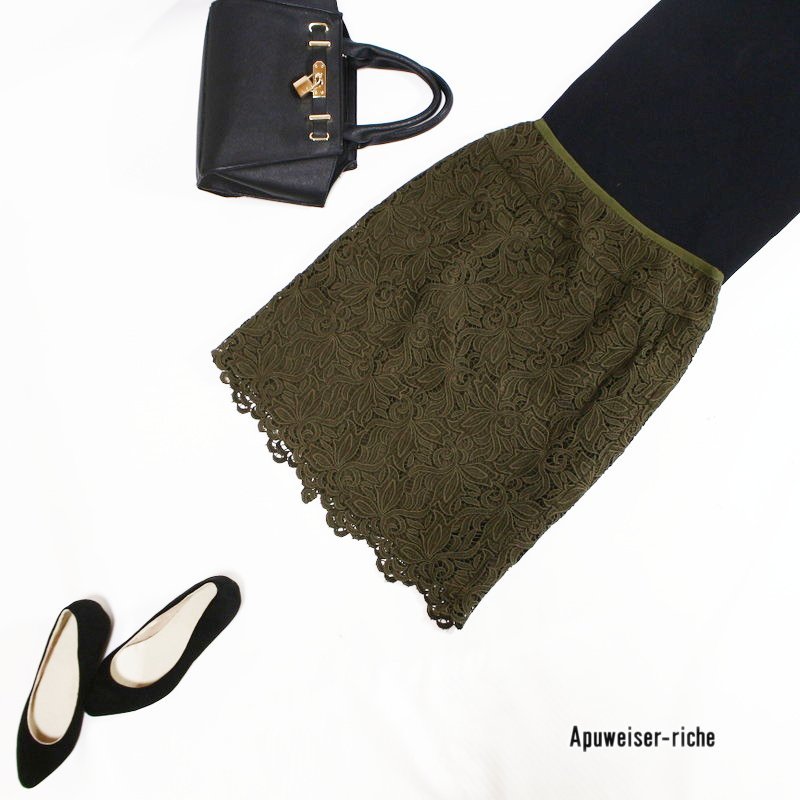 美品 Apuweiser-riche アプワイザーリッシェ 秋 冬 刺繍 フラワー レーススカート タイトスカート 1 7号 カーキ グリーン 緑拍卖