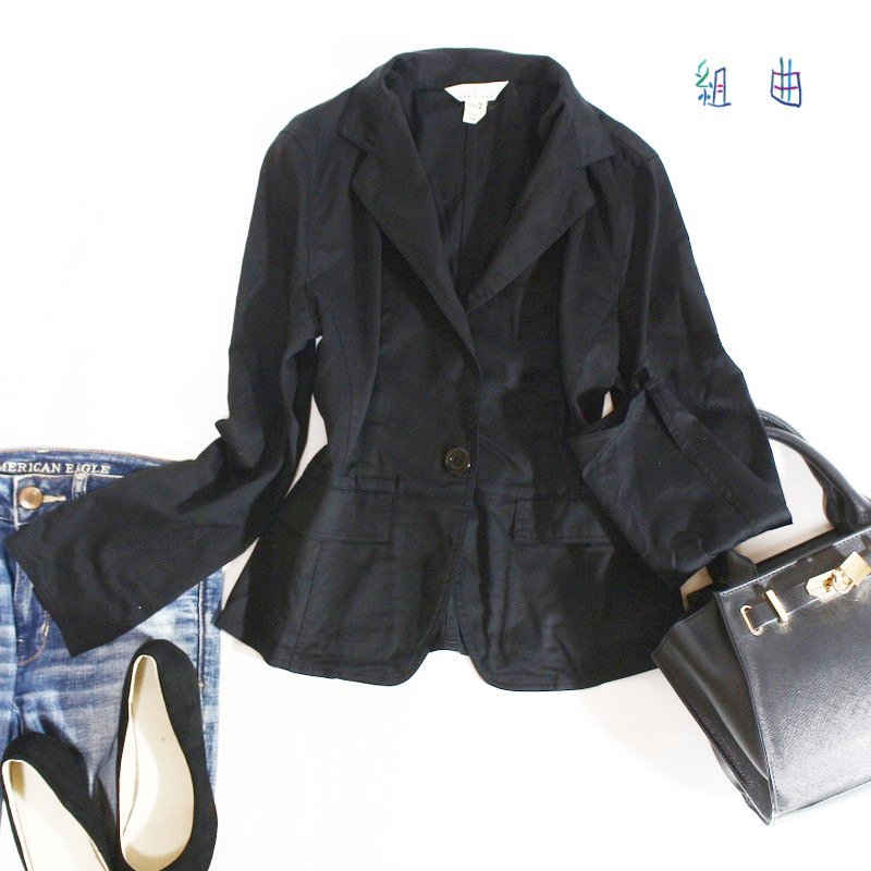 美品 組曲 クミキョク 株)オンワード樫山 ■ 薄手 コットン ほんのり艶 シンプル 長袖ジャケット テーラードジャケト 2 9号 ブラック 黒拍卖