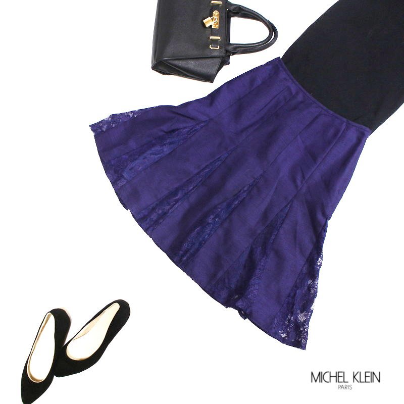 美品 ミッシェルクラン MICHEL KLEIN ■ フォーマル 合物 ポリエステル 艶 レース切替 フレアスカート 36 7号 青紫 紺 上品 ミセス拍卖