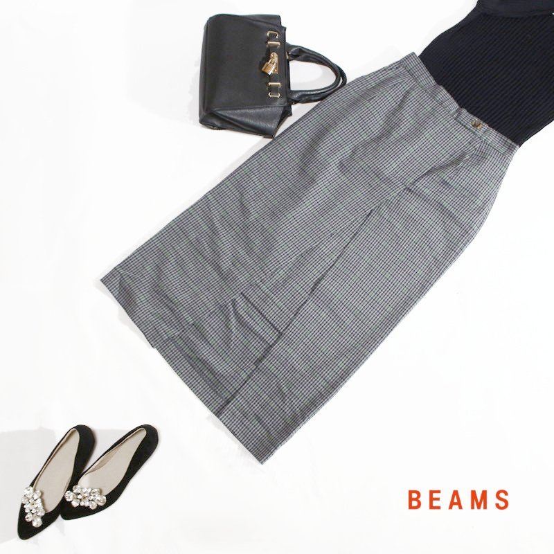 美品 ビームス ハート BEAMS ■ 秋 冬 格子 厚手 ロング丈 タイトスカート ロングスカート M 9号 グレー ネイビー 紺 グリーン拍卖